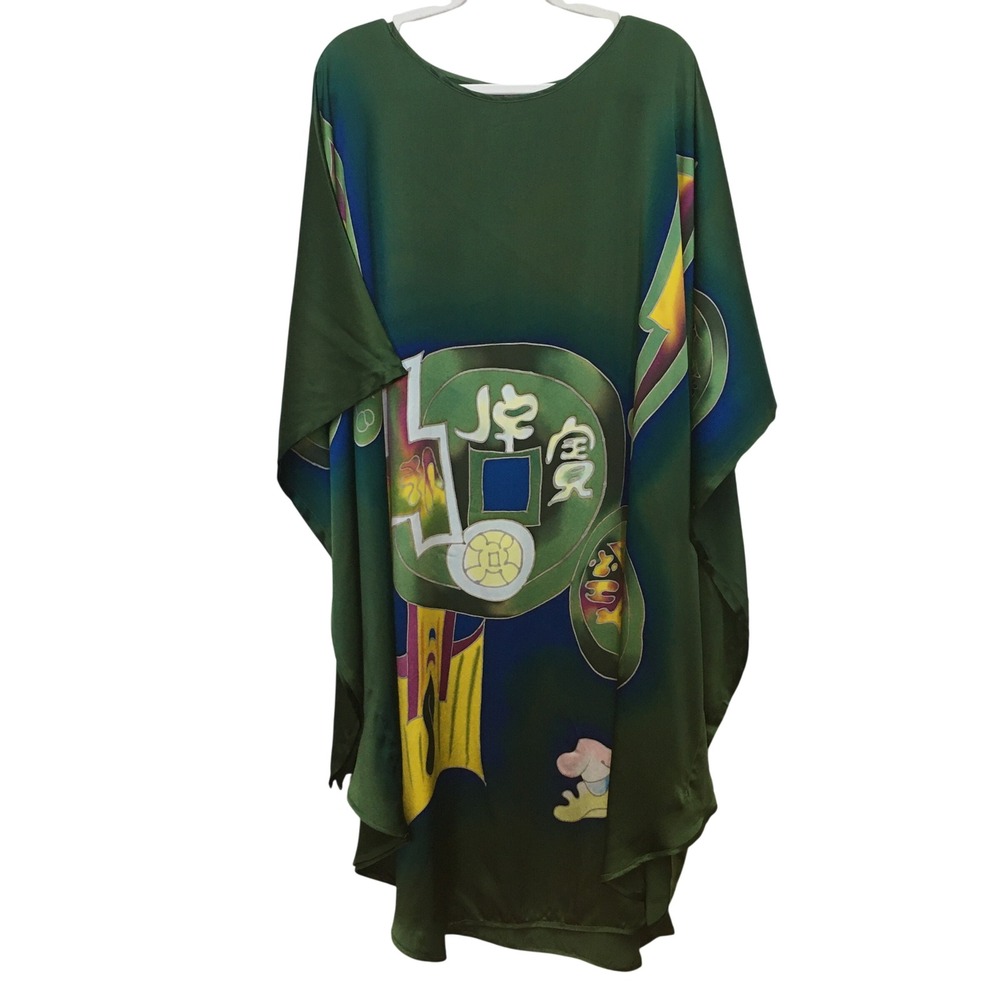 Seaside Pearl 100% Silk Graphic Kaftan Women One Size Green Artistic Resort Luxe